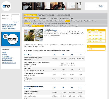 Screenshot of the rate table for young people.