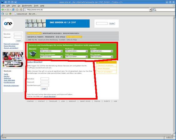 Screenshot of Login panel in customer service section